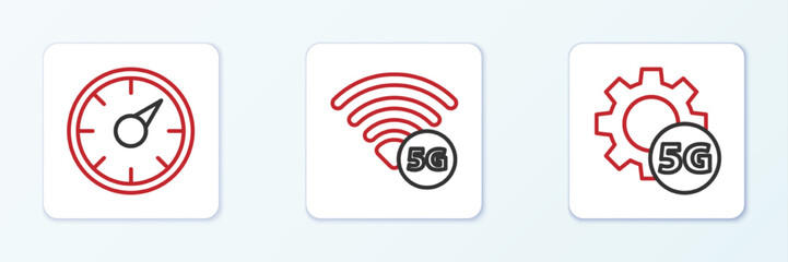 Set line Setting 5G network, Digital speed meter and icon. Vector