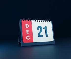 December Realistic Desk Calendar Icon 3D Illustration Date December 21