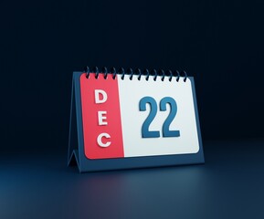 December Realistic Desk Calendar Icon 3D Illustration Date December 22