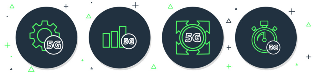 Set line 5G network, Setting and Digital speed meter icon. Vector