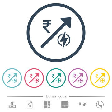 Rising electricity energy Indian Rupee prices flat color icons in round outlines