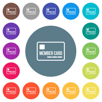 Member card outline flat white icons on round color backgrounds