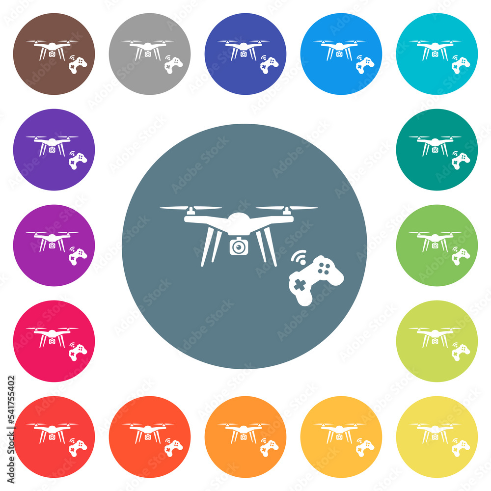 Poster drone controlling flat white icons on round color backgrounds