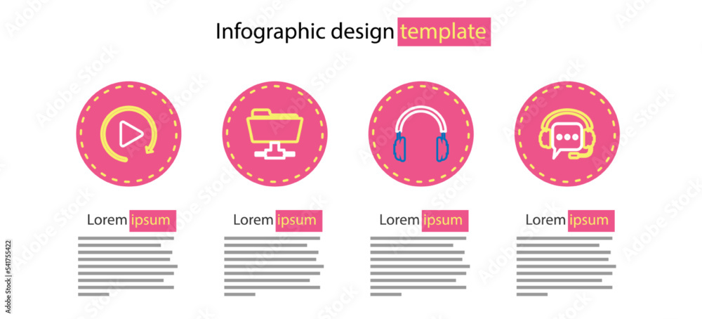 Poster set line headphones, with speech bubble, ftp folder and video play button icon. vector