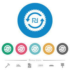 New Shekel pay back guarantee sticker flat round icons
