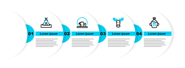 Set line Maple syrup, Moose head with horns, Montreal Biosphere and Indian teepee wigwam icon. Vector © vector_v