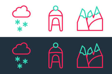 Set line Mountains, Cloud with snow and Winter hat icon. Vector
