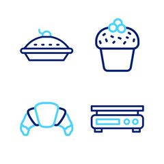 Set line Electronic scales, Croissant, Cake and Homemade pie icon. Vector