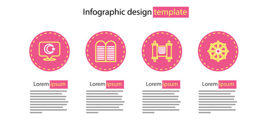 Set line Decree, paper, parchment, scroll, Dharma wheel, The commandments and Star crescent icon. Vector