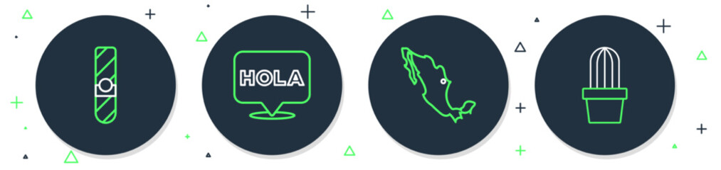 Set line Hola, Map of mexican, Cigar and Cactus or succulent in pot icon. Vector © vector_v