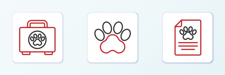 Set line Clinical record pet, Pet first aid kit and Paw print icon. Vector