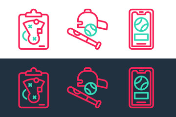 Set line Mobile with baseball ball, Planning strategy and Baseball bat hat icon. Vector