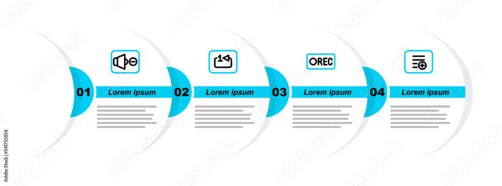 Poster set line add to playlist, record button, repeat track music player and speaker mute icon. vector