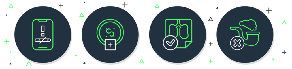 Set line Stop smoking, money saving, Lungs x-ray diagnostics, No and Smoking pipe with smoke icon. Vector