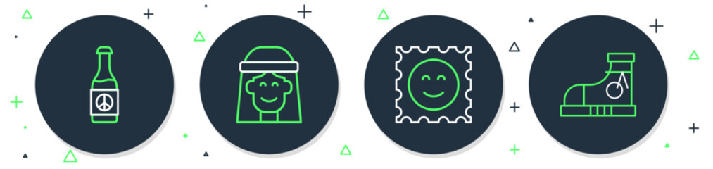 Set line Hippie girl, LSD acid mark, Beer bottle and Sneakers icon. Vector