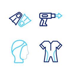 Set line Wetsuit for scuba diving, Diving hood, Fishing harpoon and Flippers swimming icon. Vector