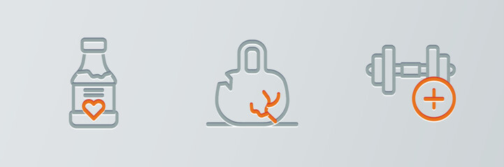 Set line Dumbbell, Vitamins and Broken weight icon. Vector