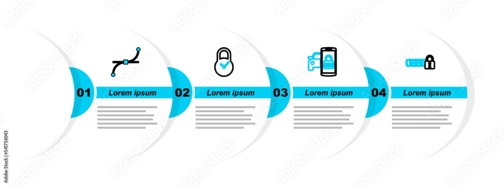 Poster set line password protection, smart car security system, padlock with clock and bezier curve icon. v