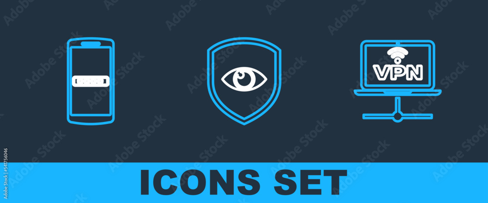 Poster set line vpn computer network, mobile and password and shield eye icon. vector
