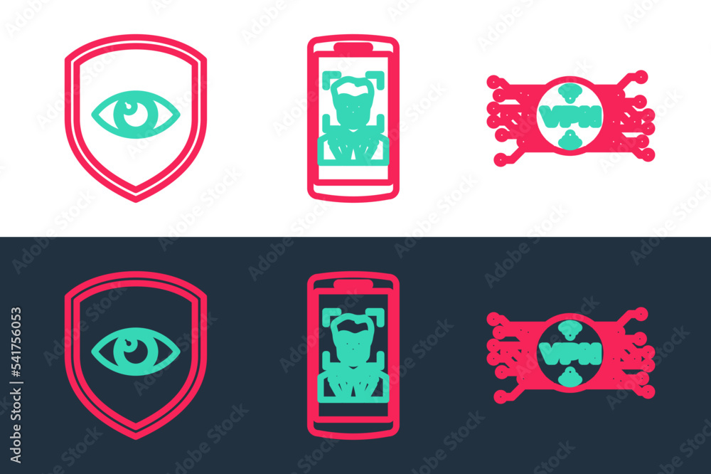 Poster set line vpn with microchip circuit, shield and eye and mobile face recognition icon. vector