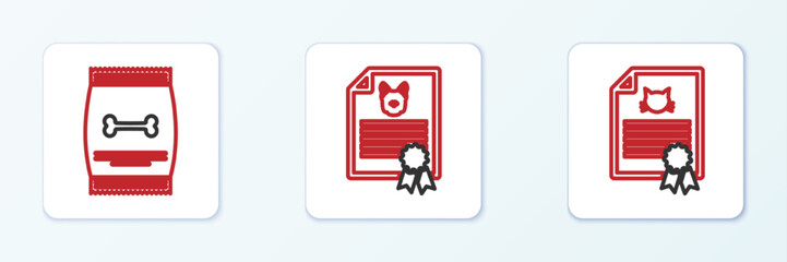 Set line Certificate for dog or cat, Bag of food pet and icon. Vector