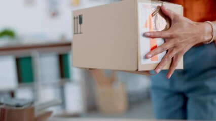 Delivery, packaging and boxes woman hands for courier, shipping and product distribution service in e commerce, supply chain and logistics. Cardboard package and product worker for commercial stock