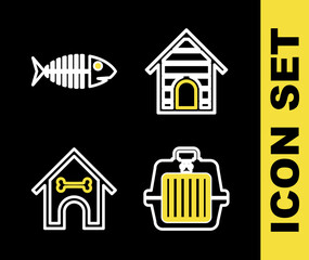 Set line Dog house, Pet carry case, and bone and Fish skeleton icon. Vector