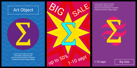 Trendy retro posters for organizing sales and other events. Large sigma symbol in the center of each poster. Vector illustration on black background