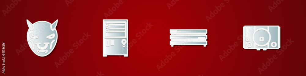 Poster set mask of the devil with horns, computer, video game console and icon. vector