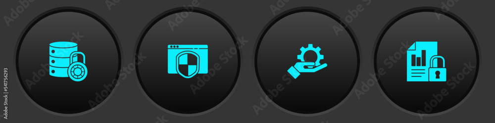 Poster set server security with lock, browser shield, hand settings gear and document icon. vector