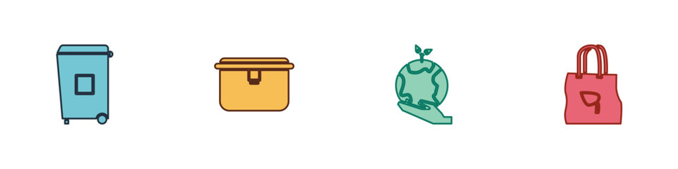 Set Trash can, Lunch box, Hand holding Earth globe and Shopping bag with recycle icon. Vector