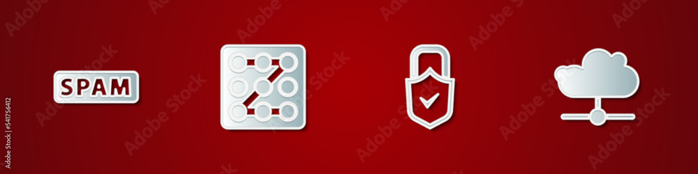 Poster set spam, graphic password protection, lock and check mark and network cloud connection icon. vector