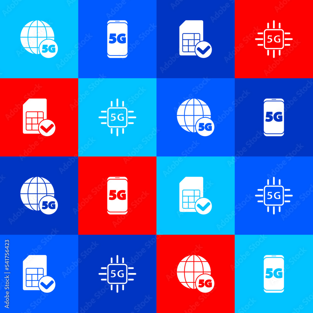 Poster set 5g network, mobile with, sim card and processor icon. vector