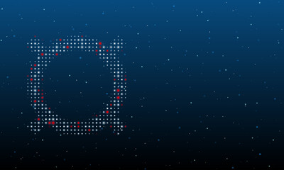 On the left is the currency symbol filled with white dots. Background pattern from dots and circles of different shades. Vector illustration on blue background with stars