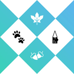 Set Paw print, Acorn, Canadian maple leaf and Wooden log icon. Vector