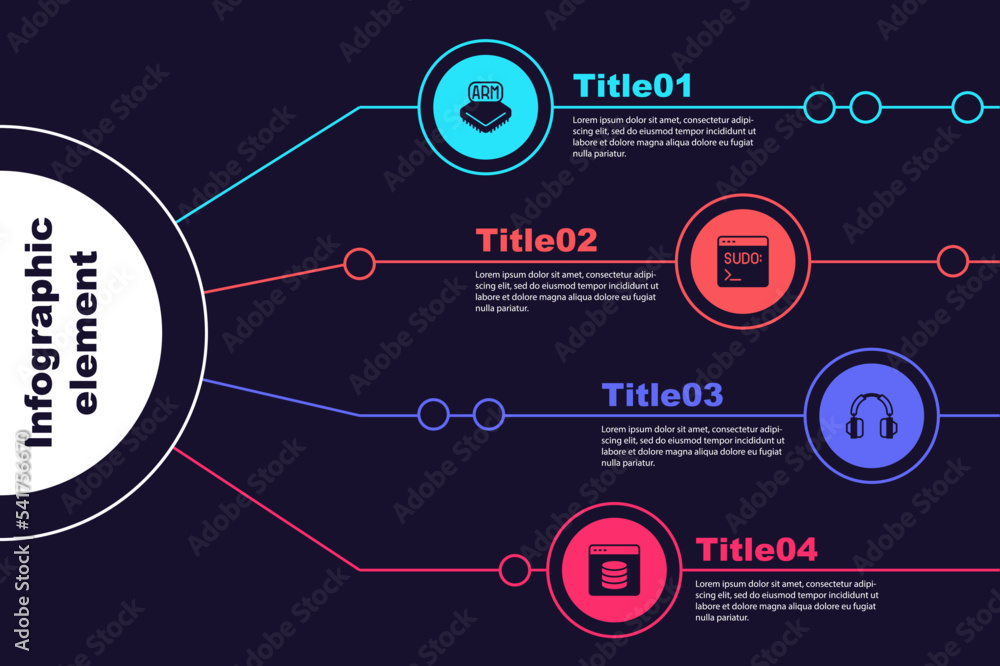 Poster set processor, code terminal, headphones and server, data, web hosting. business infographic templat