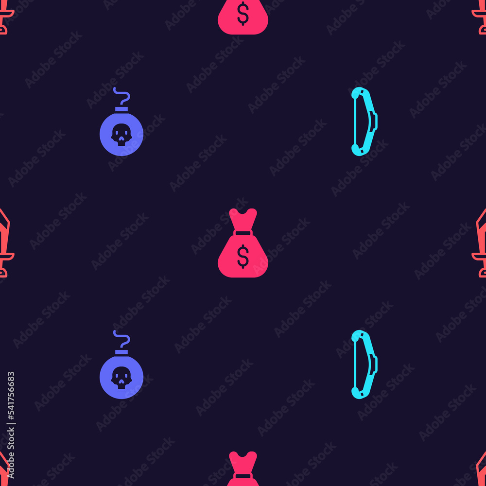 Poster set medieval bow, bomb ready to explode, old money bag and sword for game on seamless pattern. vecto