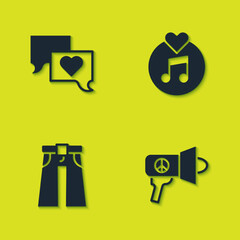 Set Speech bubble chat, Megaphone, Jeans wide and Vinyl disk icon. Vector
