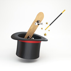 A magic hat with a wand and a skateboard floating on a white background, 3d render