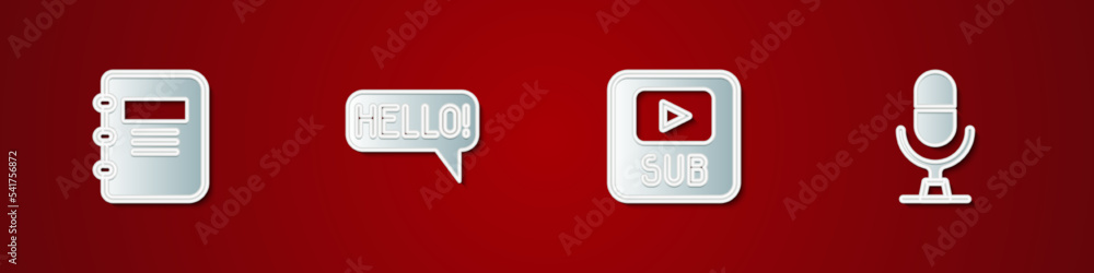 Poster set notebook, hello in different languages, video with subtitles and microphone voice device icon. v