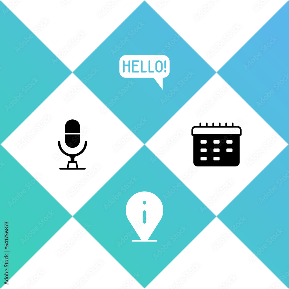 Poster set microphone voice device, information, hello in different languages and school timetable icon. ve