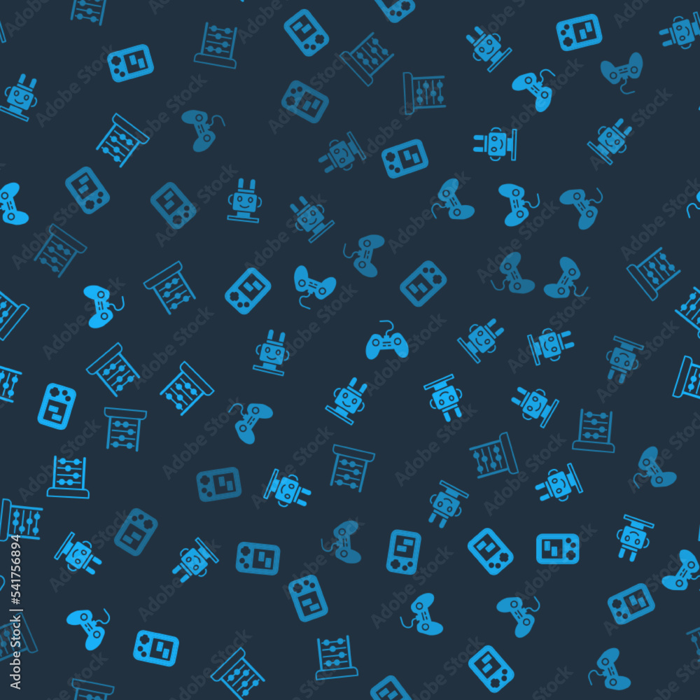 Poster set tetris electronic game, robot toy, gamepad and abacus on seamless pattern. vector
