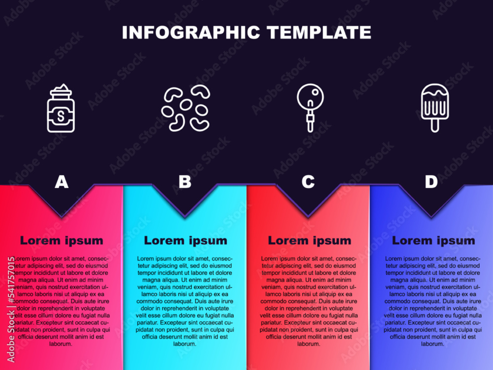 Sticker Set line Jar of sugar, Jelly candy, Lollipop and Ice cream. Business infographic template. Vector