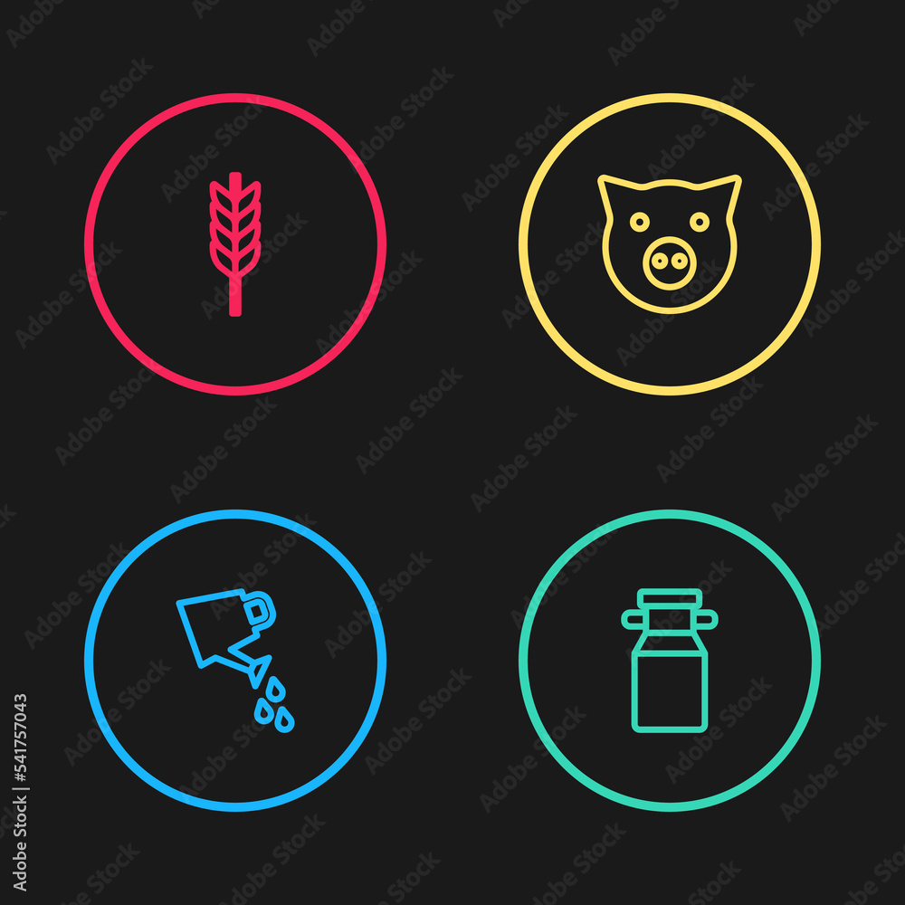 Sticker set line watering can, can container for milk, pig and wheat icon. vector