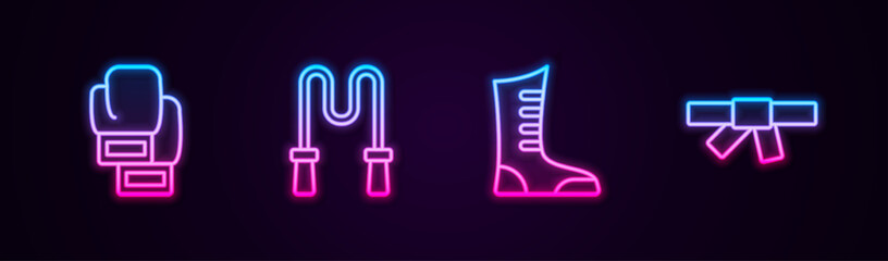 Set line Boxing glove, Jump rope, Sport boxing shoes and Black karate belt. Glowing neon icon. Vector © vector_v