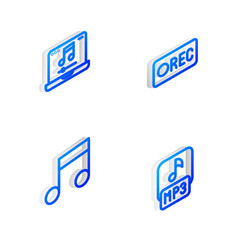 Set Isometric line Record button, Laptop with music, Music note, tone and MP3 file icon. Vector