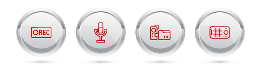 Set line Record button, Microphone, Cinema camera and Selfie mobile. Silver circle button. Vector