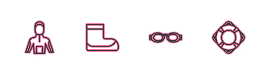 Set line Wetsuit for scuba diving, Glasses swimming, Boots and Lifebuoy icon. Vector