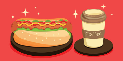 Delicious hot dog and hot coffee, vector illustration for banner, poster, cover, packaging, for advertising, for business