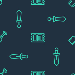 Set line Circus ticket, Sword toy and Shovel on seamless pattern. Vector